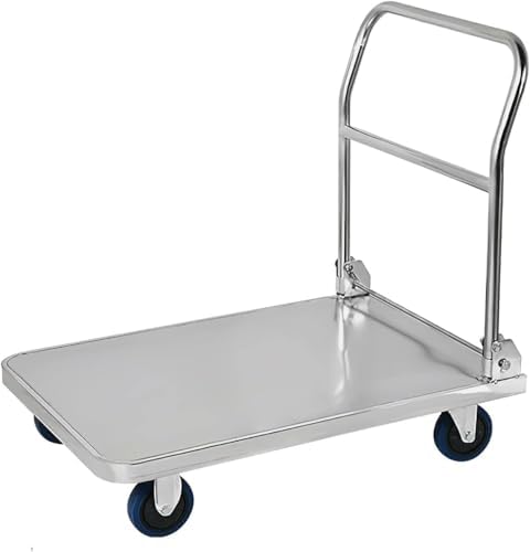 Heavy-Duty Flatbed Hand Cart with Foldable Handle - Thick Stainless Steel Platform for Easy Transport of Luggage, Tools & Appliances - Durable & Versatile Utility Trolley