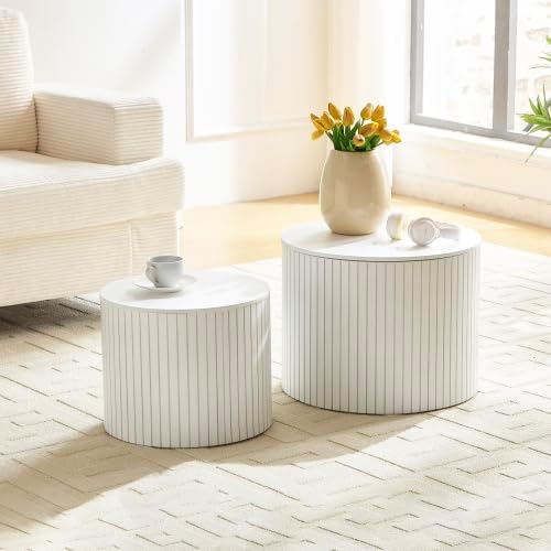 Nesting Coffee Table Set of 2, Modern Round Side Table with Storage & Wood Grain Top, for Living Room, Apartment (White, 19.17')