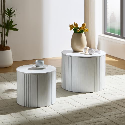 Nesting Coffee Table Set of 2, Modern Round Side Table with Storage & Wood Grain Top, for Living Room, Apartment (White, 19.17')