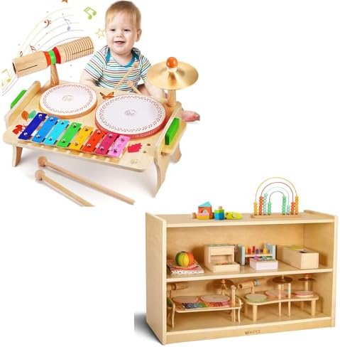 Wingyz Kids Drum Set for Toddlers + 2-Tier Wooden Storage Cabinet for Kids