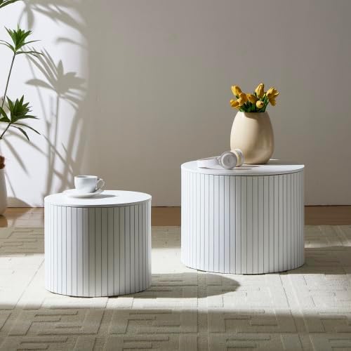 Nesting Coffee Table Set of 2, Modern Round Side Table with Storage & Wood Grain Top, for Living Room, Apartment (White, 19.17')