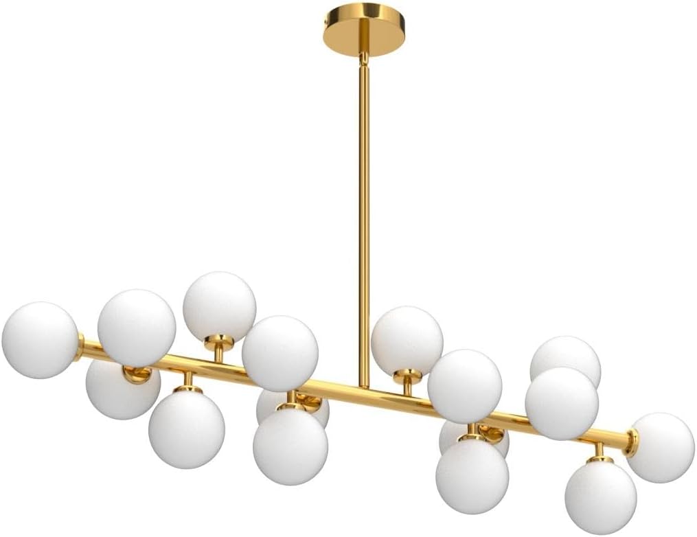 Gold Dining Room Chandelier Over Table Mid Century Modern Chandelier White Glass Globe Lampshade Linear Pendant Lighting Fixture for Living Room Dining Table 16 Lights