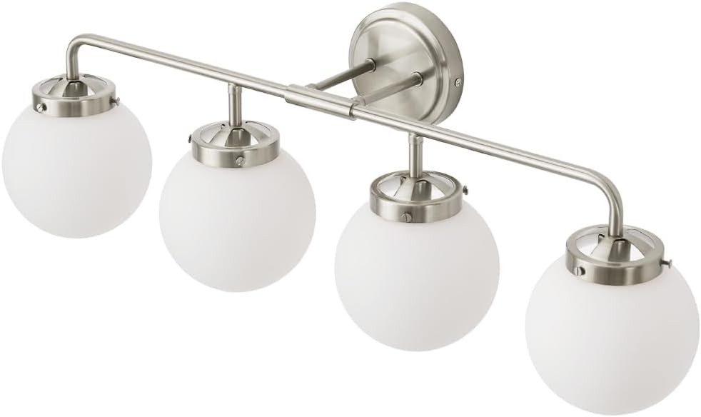 Bathroom Light Fixtures Over Mirror, Brushed Nickel Modern Vanity Lighting with Milk White Glass Globe Shades 4-Light Farmhouse Wall Sconce