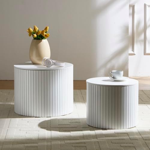 Nesting Coffee Table Set of 2, Modern Round Side Table with Storage & Wood Grain Top, for Living Room, Apartment (White, 19.17')