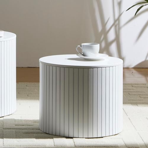 Nesting Coffee Table Set of 2, Modern Round Side Table with Storage & Wood Grain Top, for Living Room, Apartment (White, 19.17')