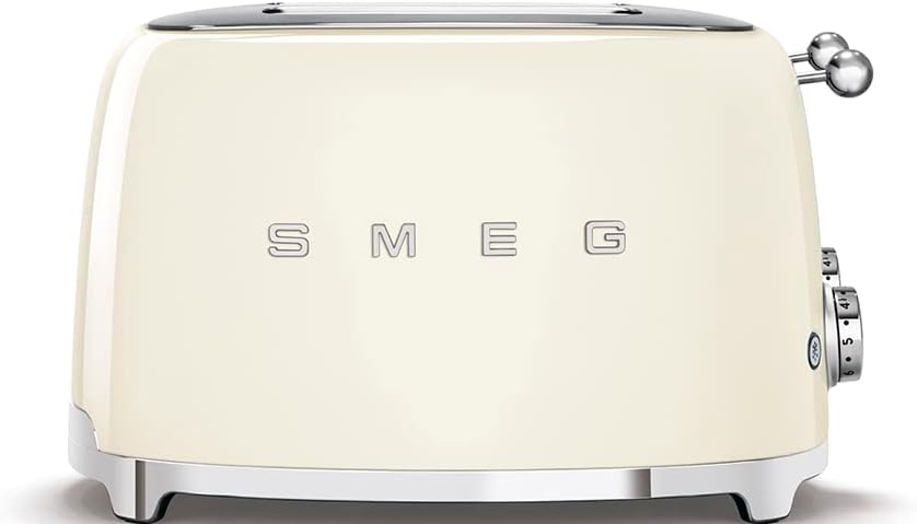 SMEG 4 Slice Toaster TSF03, Retro Stainless-Steel Toaster with Wide Slots for Bagels, 6 Browning Levels, Defrost Reheat Bagel Functions, Dual Controls, Crumb Trays, 1800W - TSF03CRUS - Cream