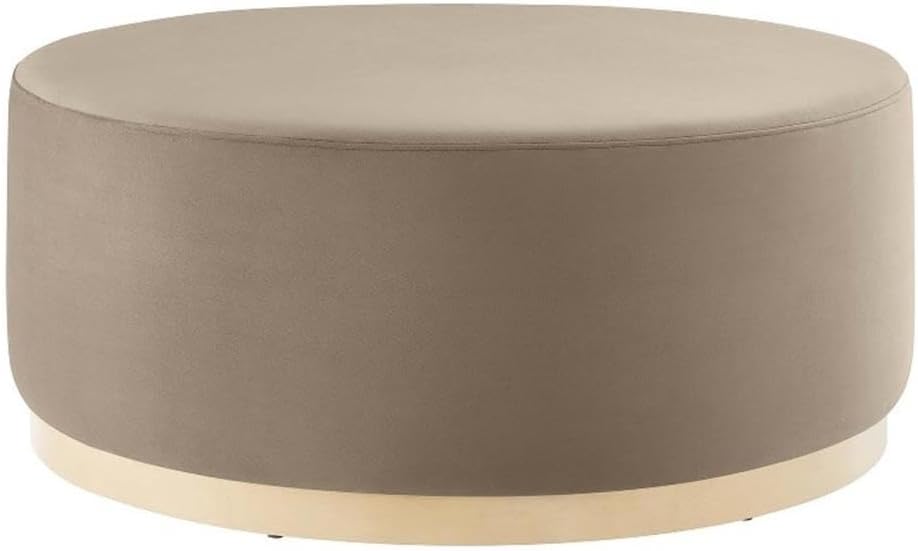 Modway Tilden 38 Inch Round Performance Velvet Upholstered Ottoman in Taupe Natural - Round Ottoman Coffee Table for Living Room, Large Ottoman Foot Rest with Rubberwood Plinth Base