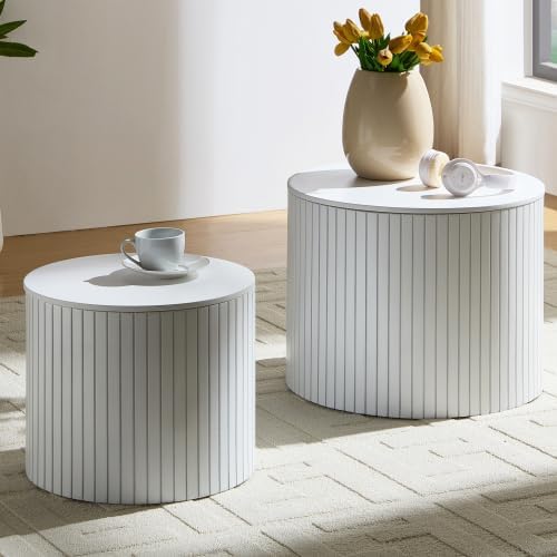 Nesting Coffee Table Set of 2, Modern Round Side Table with Storage & Wood Grain Top, for Living Room, Apartment (White, 19.17')