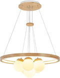 Ceiling Light Bedroom Wood Ring+3/6 Lights Adjustable LED Ceiling Hanging Lamp White Globe Shade Chandelier Hanging Light Kitchen Island Hotel Pendant Lamp Fixture for Living Room