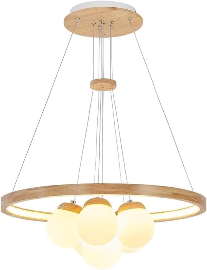Ceiling Light Bedroom Wood Ring+3/6 Lights Adjustable LED Ceiling Hanging Lamp White Globe Shade Chandelier Hanging Light Kitchen Island Hotel Pendant Lamp Fixture for Living Room