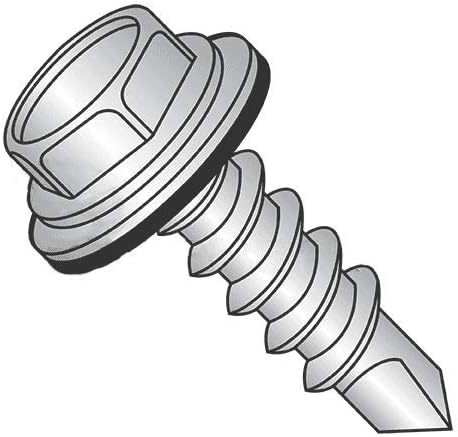 #12 x 5 Self Drilling Screws for Metal with Rubber Washer, Steel Zinc Plated, Hex Washer Head, Self Tapping, #3 Drill Point, Pack of 100
