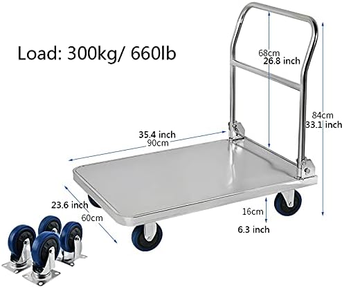 Heavy Duty Stainless Steel Flatbed Cart, Foldable Handle, High Load Capacity for Luggage, Tools & Appliances, Durable Thickened Panel, Easy Transport & Storage (60 * 90 304)