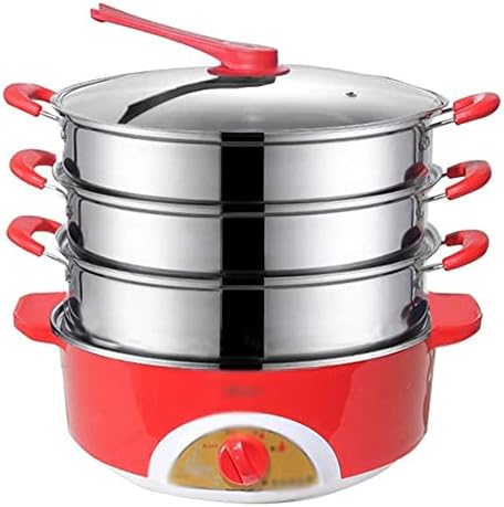 3-Tier Stainless Steel Electric Food Steamer with Glass Lid & Silicone Handle - Multi-Function Cooking Appliance for Healthy Food Preparation & Warmer, Red