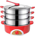 3-Tier Stainless Steel Electric Food Steamer with Glass Lid & Silicone Handle - Multi-Function Cooker for Healthy Meal Prep, Food Warmer, & Easy Cooking - Red