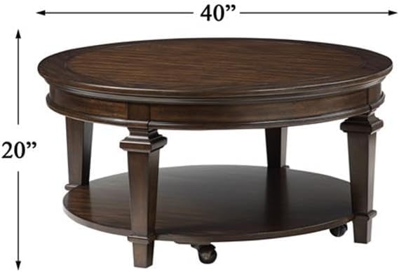 Pemberly Row 40' Round Wooden Coffee Table, Espresso Finish, Birch Veneer and MDF, Open Bottom Shelf, Casters for Easy Movement, Traditional Style Living Room Furniture