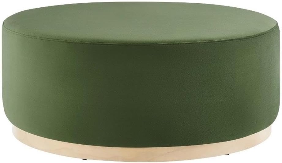 Modway Tilden 38 Inch Round Performance Velvet Upholstered Ottoman in Moss Green Natural - Round Ottoman Coffee Table for Living Room, Large Ottoman Foot Rest with Rubberwood Plinth Base