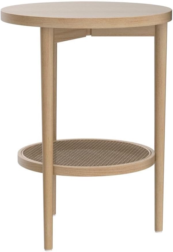 Nathan James Sonia Boho Round Accent End Table, Natural Sofa Side Table in Light Wood with Rattan Storage Shelf for Living Room, Bedroom or Nursery, Light Brown, Set of 2