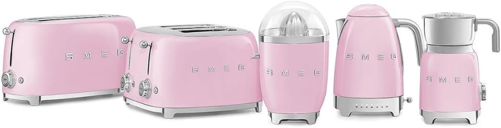 SMEG 4 Slice Toaster TSF02, Long Slot Toaster with Wide Slots for Bagels & Artisan Bread, Retro Stainless Steel, 6 Browning Levels, Defrost Reheat Bagel Functions, 1400W - (Pink)