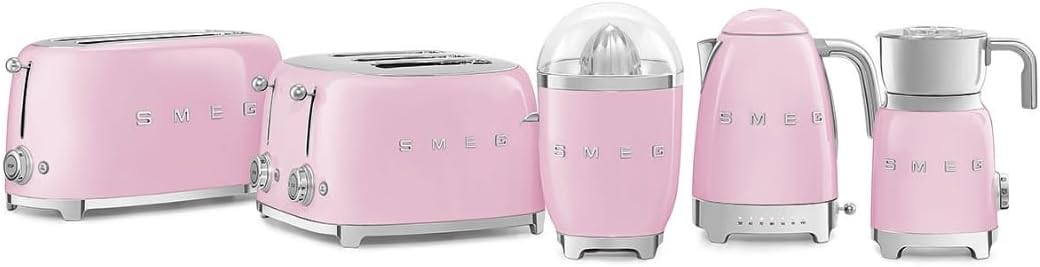 SMEG 4 Slice Toaster TSF02, Long Slot Toaster with Wide Slots for Bagels & Artisan Bread, Retro Stainless Steel, 6 Browning Levels, Defrost Reheat Bagel Functions, 1400W - (Pink)