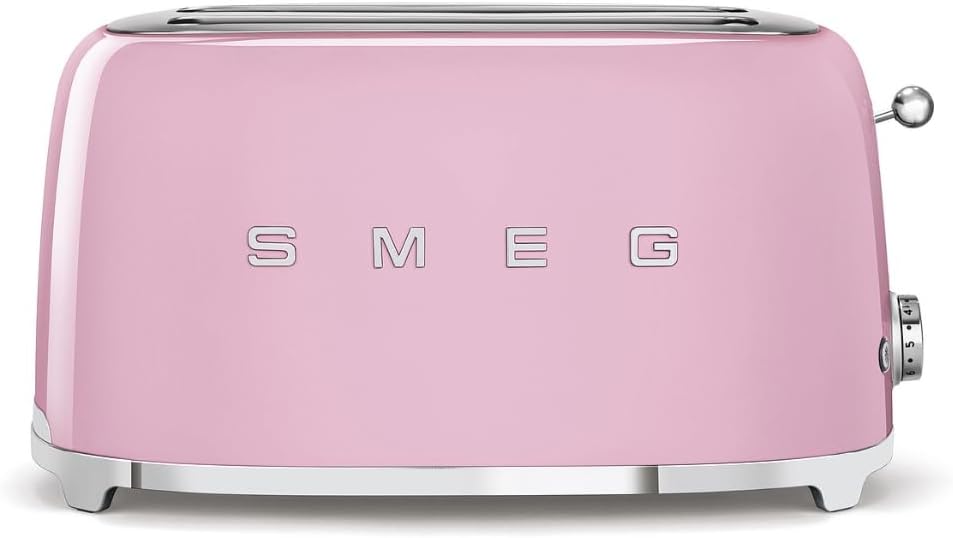 SMEG 4 Slice Toaster TSF02, Long Slot Toaster with Wide Slots for Bagels & Artisan Bread, Retro Stainless Steel, 6 Browning Levels, Defrost Reheat Bagel Functions, 1400W - (Pink)