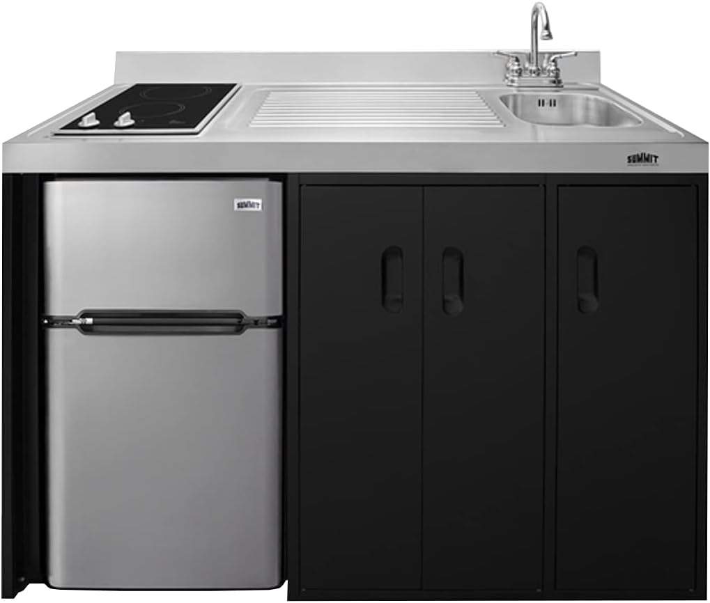 Summit Appliance CK54SINKR 54' Wide All-In-One Kitchenette, Stainless Steel Sink and Faucet, 2-door Refrigerator-freezer, 2-burner Smooth-top Cooktop, Indicator Lights, Storage Compartments