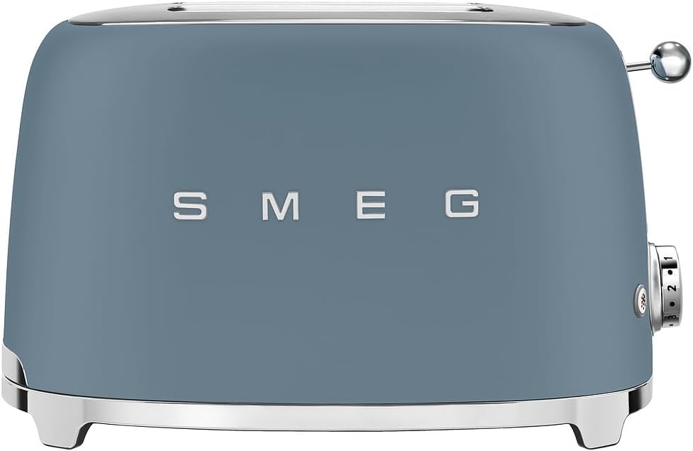 Smeg 50's Retro Style 2-Slice Toaster, 6 Browning Levels, Toast 1 Side, Reheat or Defrost, Removable Stainless Steel Crumb Tray, Matte Storm Blue, TSF01SBMUS