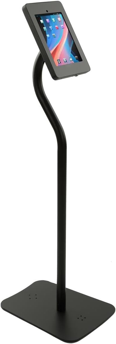 Displays2go Curved iPad Floor Stand, Rotating and Tilting Bracket, Exposed Home Button, Aluminum & Steel (Black)