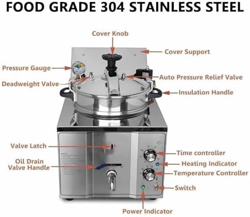 High Pressure Fryer, 3000W Commercial Countertop Electric Fried Chicken Machine, Stainless Steel Deep Frying Appliance