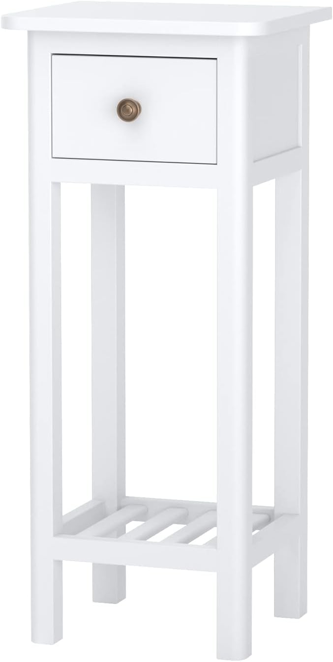 Giantex Tall End Table Set of 2, Narrow Side Table with Drawer and Shelf, Acacia Wood Nightstand for Living Room, 2-Tier Bedside Table for Small Space, No Assembly, White