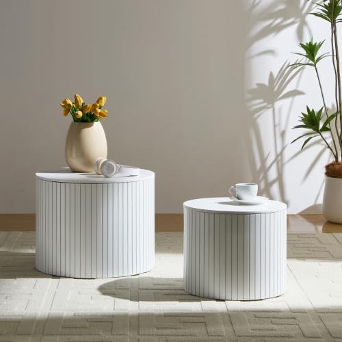 Nesting Coffee Table Set of 2, Modern Round Side Table with Storage & Wood Grain Top, for Living Room, Apartment (White, 19.17')