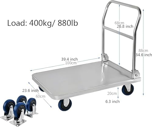 Heavy-Duty Flatbed Hand Cart with Foldable Handle - Thick Stainless Steel Platform for Easy Transport of Luggage, Tools & Appliances - Durable & Versatile Utility Trolley