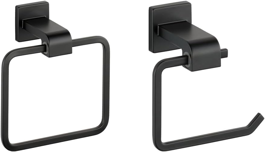 Delta Ara Matte Black Bath Hardware Accessory Bundle - Square Closed Towel Ring and Open Square Toilet Paper Holder
