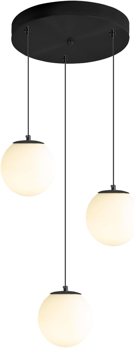 ykolupty 3-Light Globe Pendant Light Modern White Globe Glass Chandelier Black Hanging Fixture for Kitchen Island Foyer Hallway Dining Room