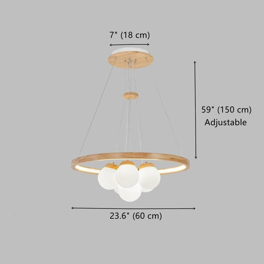 Ceiling Light Bedroom Wood Ring+3/6 Lights Adjustable LED Ceiling Hanging Lamp White Globe Shade Chandelier Hanging Light Kitchen Island Hotel Pendant Lamp Fixture for Living Room