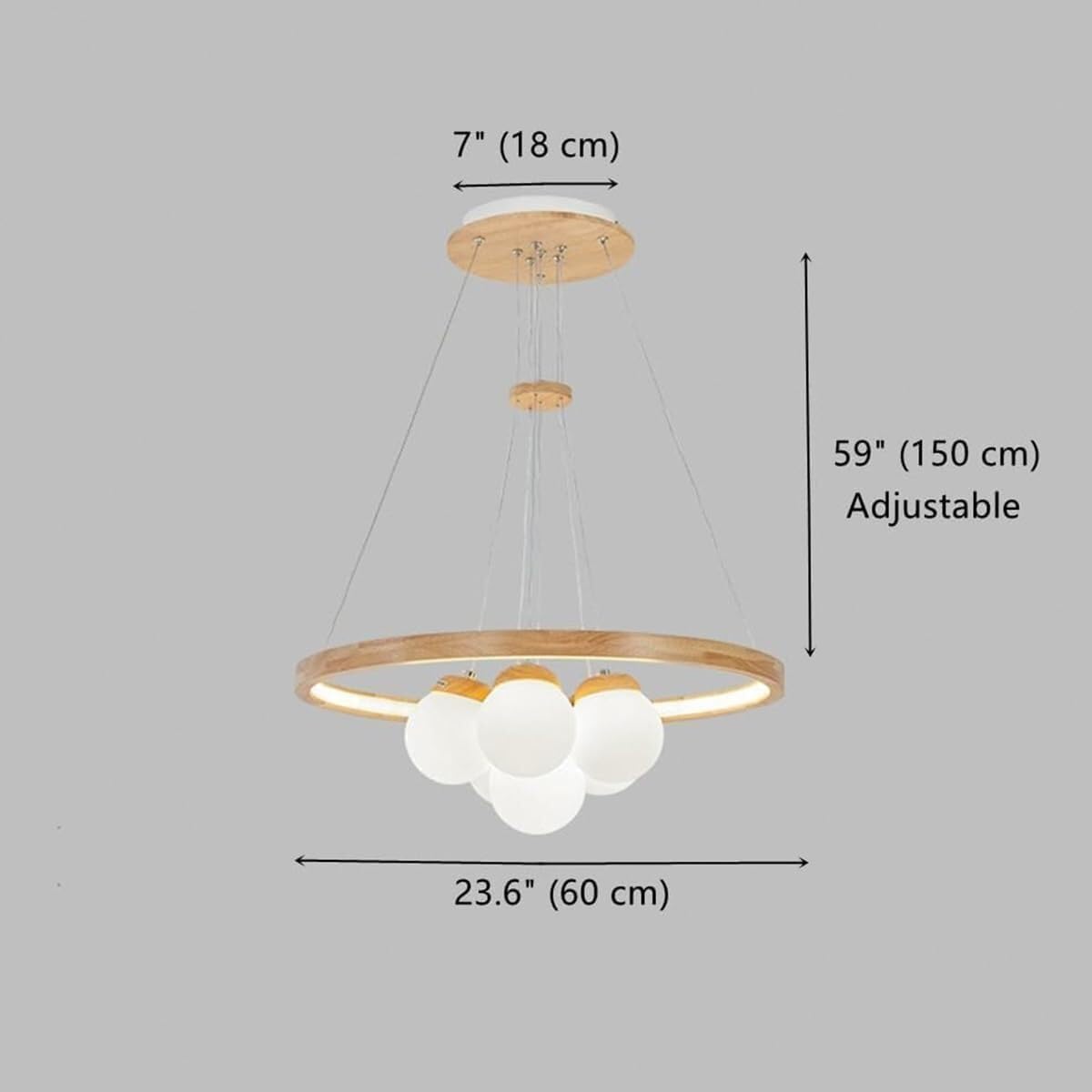 Ceiling Light Bedroom Wood Ring+3/6 Lights Adjustable LED Ceiling Hanging Lamp White Globe Shade Chandelier Hanging Light Kitchen Island Hotel Pendant Lamp Fixture for Living Room