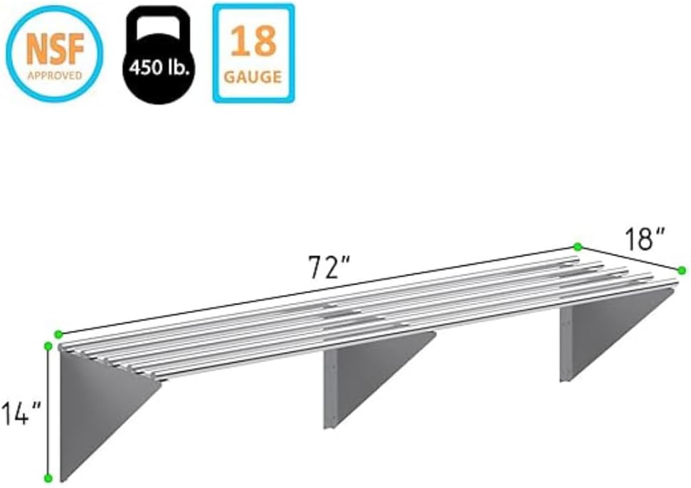 Premium Stainless Steel Tubular Wall Shelf – 72' L x 18' D | NSF Certified | Extra-Large Appliance & Equipment Shelf for Kitchen, Restaurant, Garage, Utility Room