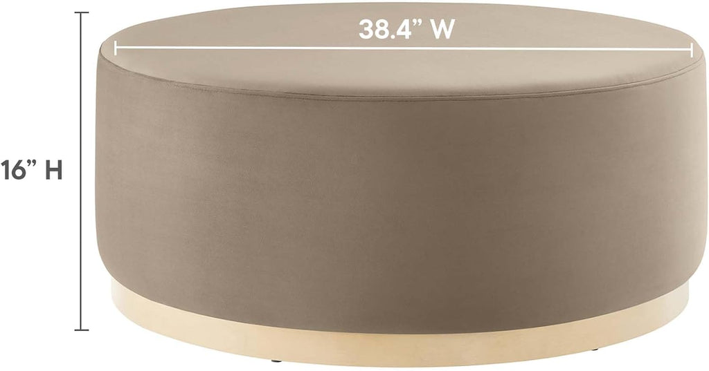 Modway Tilden 38 Inch Round Performance Velvet Upholstered Ottoman in Taupe Natural - Round Ottoman Coffee Table for Living Room, Large Ottoman Foot Rest with Rubberwood Plinth Base