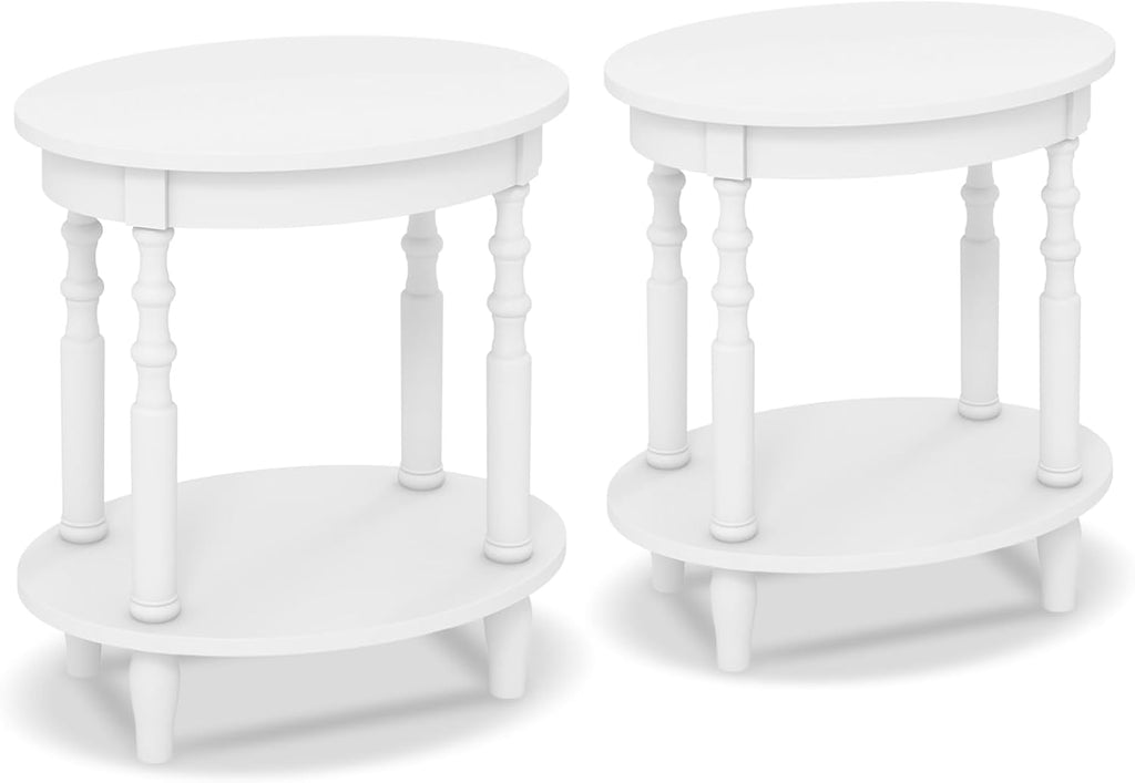 Giantex Oval End Tables Set of 2, 2-Tier Side Tables with Storage Shelf & Solid Wood Legs, Modern Living Room Accent Table, Wood Nightstand for Bedroom, Small Space, 20.5'L x 15.5'D x 24.5'H, White