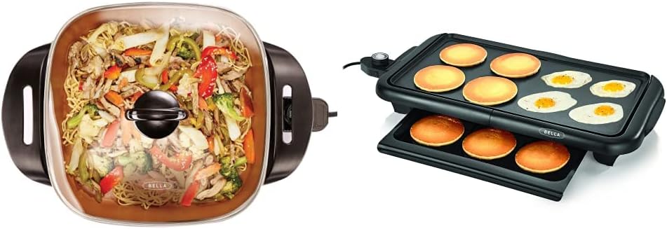 BELLA Electric Skillet, Frying Pan, Griddle and Warming Tray Bundle - Nonstick Copper Titanium Coating, Adjustable Temperature, Dishwasher Safe
