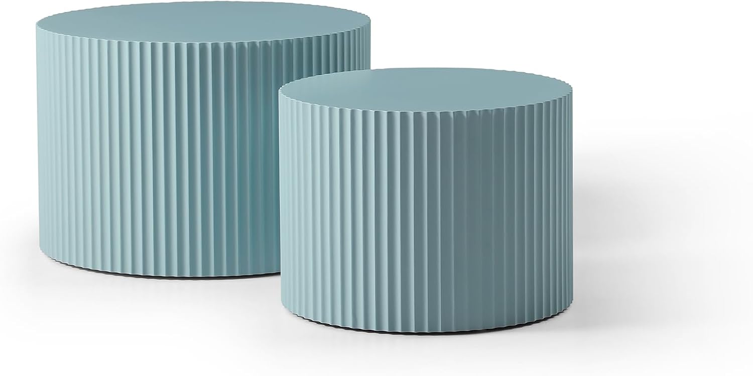 Nesting Coffee Table Set of 2, 23.6 inch Round Coffee Tables, MDF Nesting Tables with Roman Column Design, Modern Handcrafted Wooden Drum Accent Tables for Living Room - Light Blue