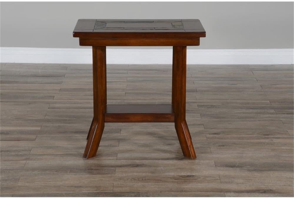 Pemberly Row Chair Side Table, 25 in Height, Distressed Mahogany Wood, Dark Chocolate Finish, Slate Inlay, 1 Shelf, Traditional End Table for Living Room or Bedroom