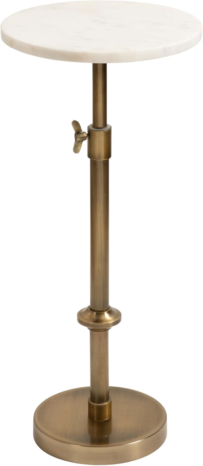 Kate and Laurel Engles Traditional Adjustable-Height Pedestal Drink Table; 10 x 10 x 30; White Marble and Antique Brass; Vintage Round Indoor Metal Plant Stand with Authentic Marble Tabletop