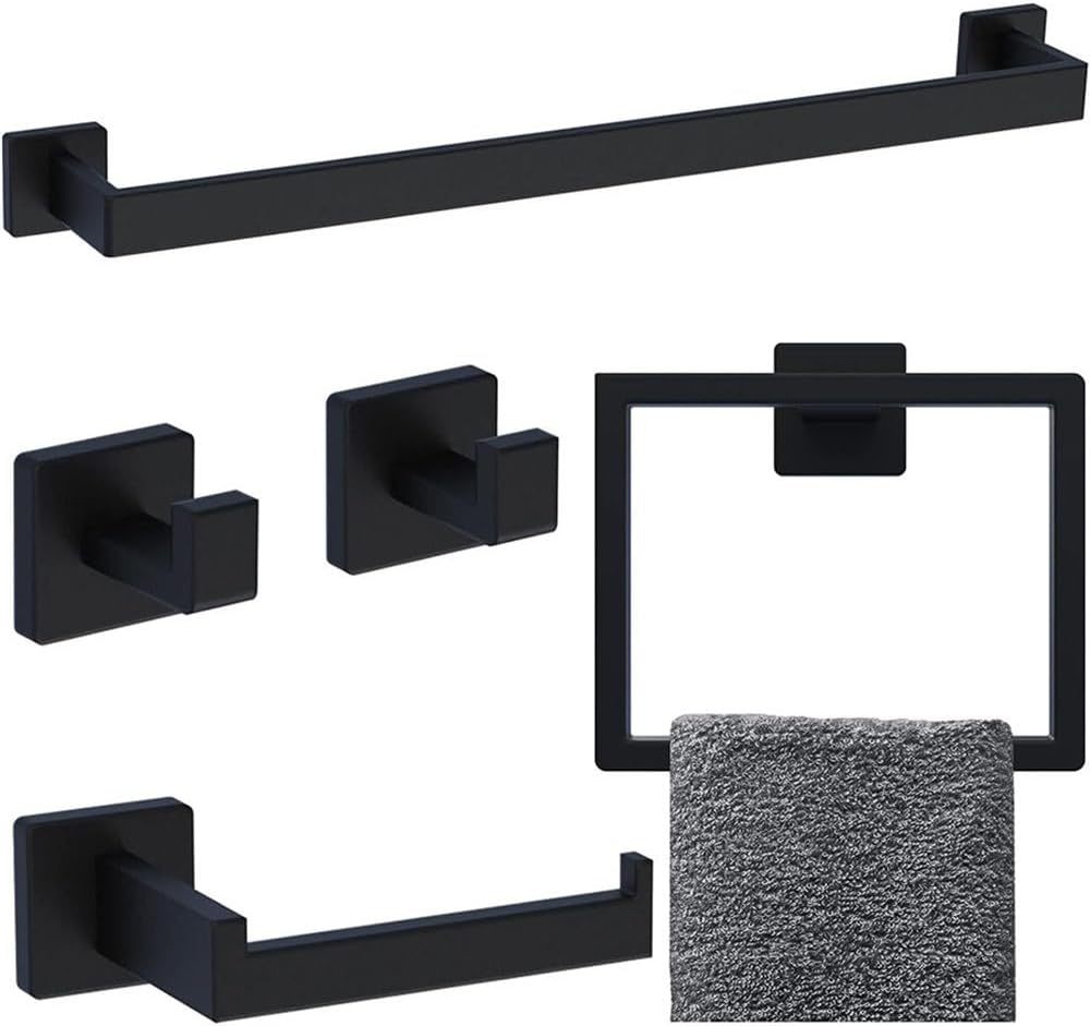 304 Stainless Steel Bathroom Towel Ring Set Bath Towel Rod Set Bathroom Hardware Square Tube Towel Rack Suitable for Family Hotel,Brushed,5PCS,Black-5PCS