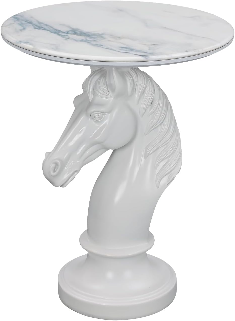 Sculptural Horse Head Side Table, Artistic Stallion End Table with Faux Marble Top, Modern Accent Table for Living Room, Unique Home Decor Gift for Housewarming, 19.69' W x 24.8' H