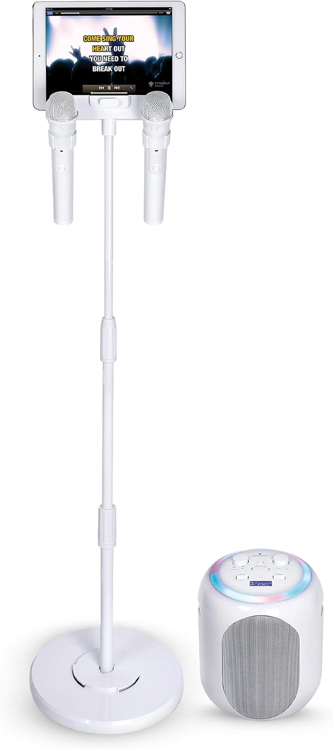 Singing Machine Portable Karaoke Machine for Adults & Kids with 2 Wireless Microphones, Home Stage (White) - Built-in Karaoke Speaker, Bluetooth with LED Lights - Karaoke System with Voice Enhancer