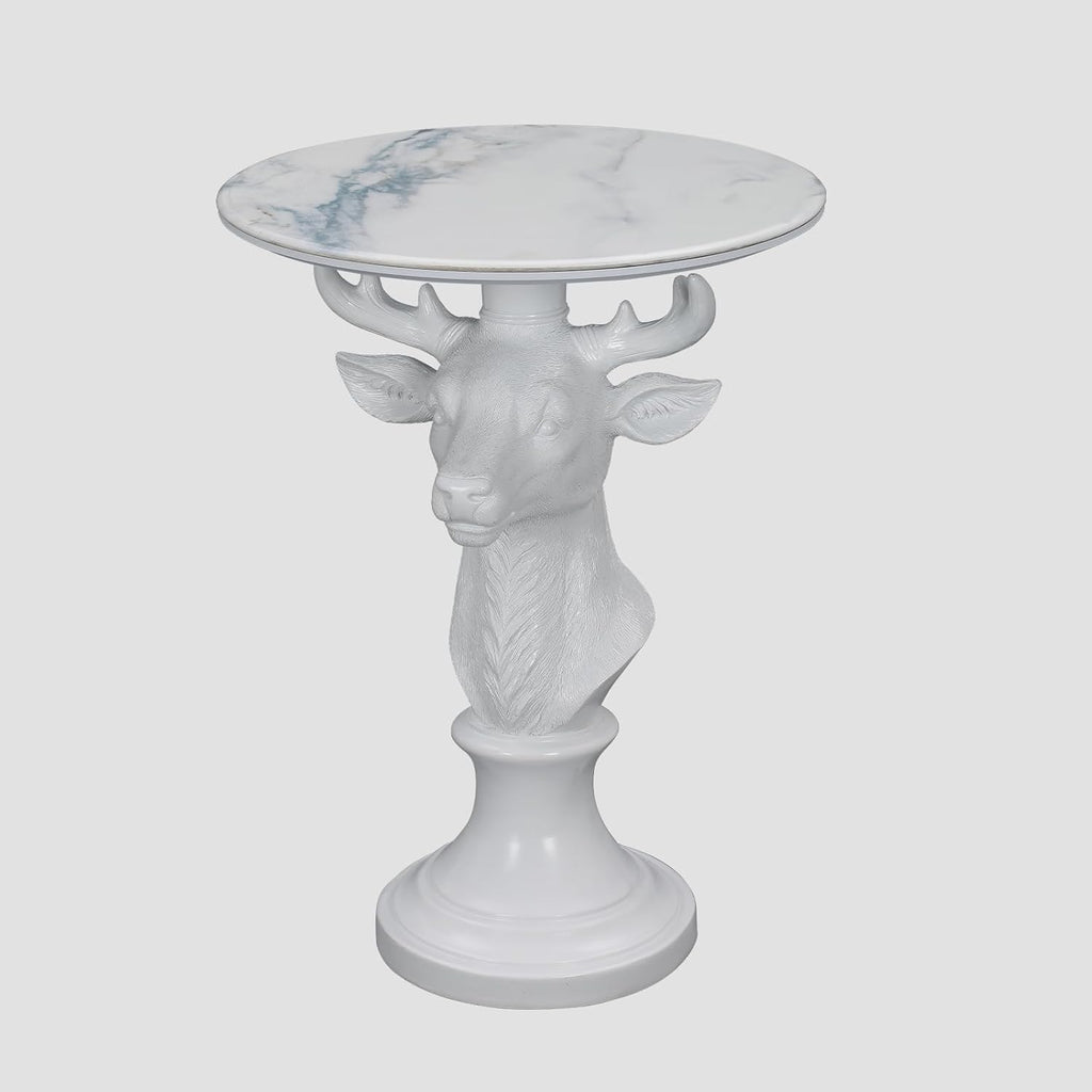 Modern Accent TableLiving Room White Deer Statue Contemporary‌ Faux Marble Night Stand Side Table with White Deer Base Reception Area & Bedroom（Width 19.69' ——Tall 25.59'）