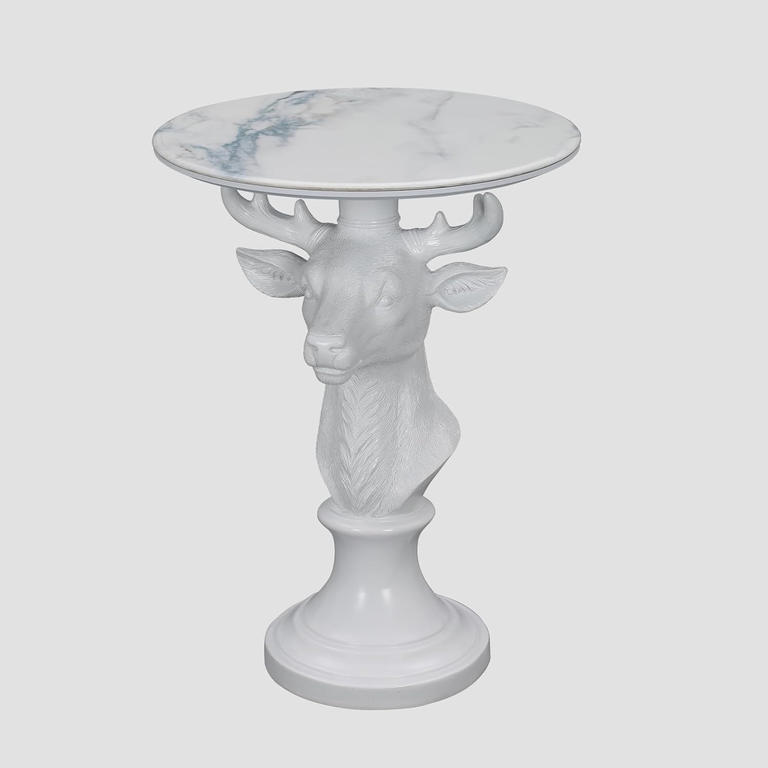 Modern Accent TableLiving Room White Deer Statue Contemporary‌ Faux Marble Night Stand Side Table with White Deer Base Reception Area & Bedroom（Width 19.69' ——Tall 25.59'）