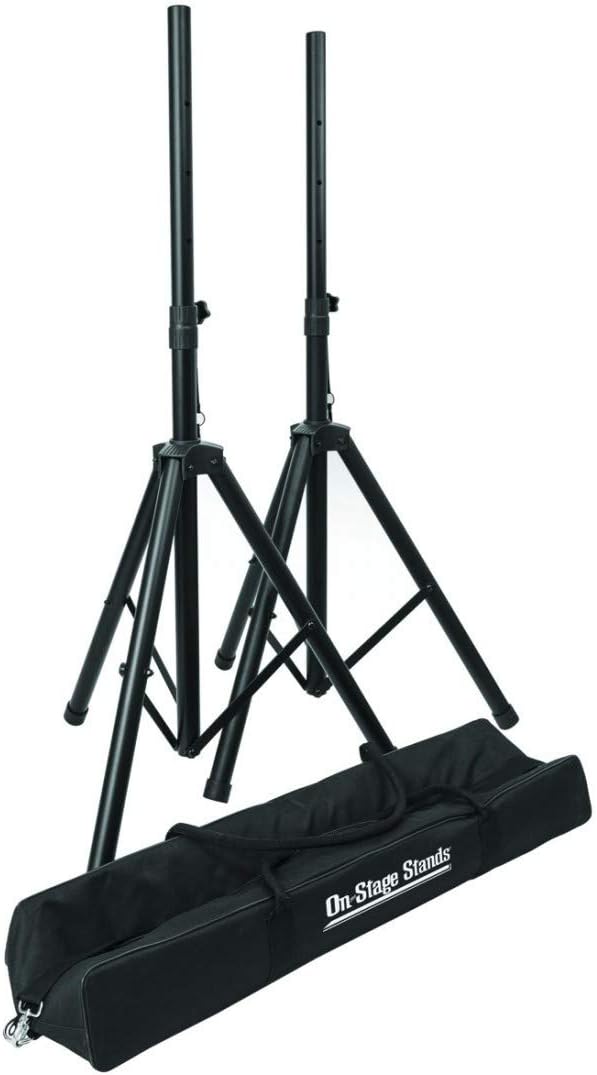 On-Stage SSP7750 Compact Speaker Stand Pack (Pair, Folding, Portable, Tripod Base, Loudspeaker Setup, Carrying Bag, Adjustable Height, Nonslip Rubber Feet, 1 3/8″ or 1 1/2″ Pole, Aluminum, Black)