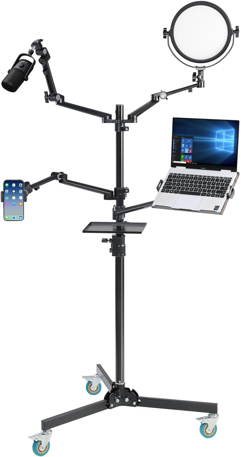 GVM 5-in-1 Movable Live Streaming Floor Stand Kit with Wheels, Overhead Camera Mount with 10' LED Key Light/Mic Boom Arm/Tablet Laptop Phone Stand/Tray for Live Broadcast Podcast Video Recording Game