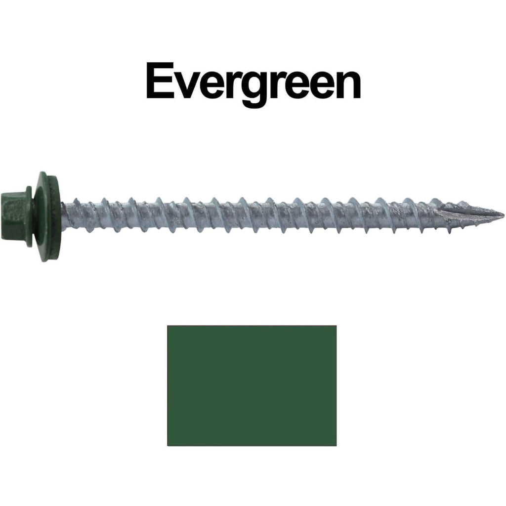 10 x 2-1/2' Evergreen Metal Roofing Screws - Hex Washer Head- Self-Starting/Tapping - EPDM Washer. 4 X 250 Bags - 1,000 Screws